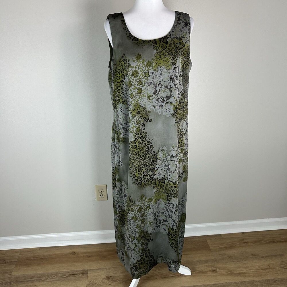 Vintage Dress XL Leopard Floral Print Midi 90s Shiny Silky Sleeveless